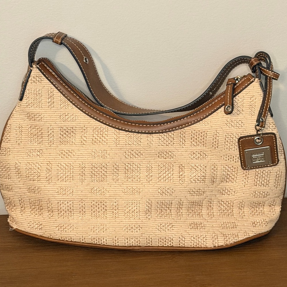Liz Claiborne Cream Woven Shoulder Bag with Brown Leather Trim